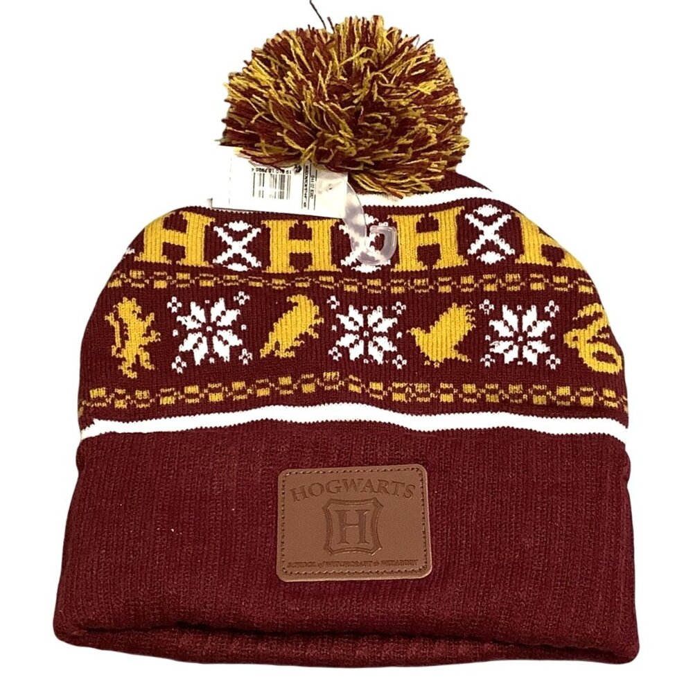 Harry Potter Hogwarts Knit Beanie Hat House Gryffindor Crest With Pom Pom Adult
